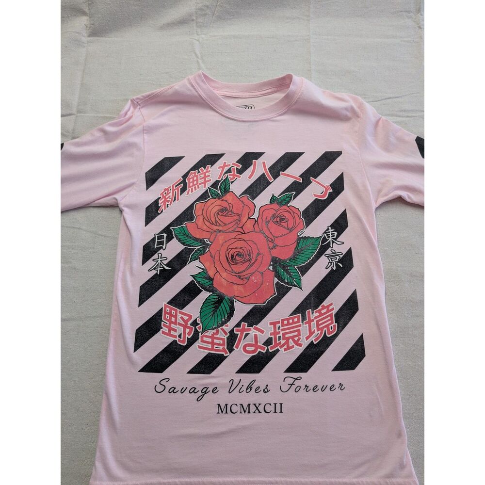 Fresh Laundry Womens S Pink Japanese Rose Graphic Long Sleeve Streetwear Tee